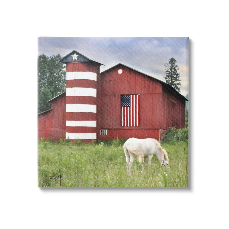 «Grazing White Horse Red Americana», art mural sur toile par Lori Deiter, H 36 po x l 36 po x P 1,5 po