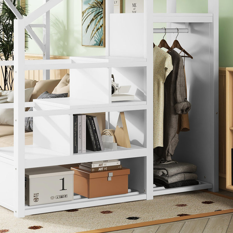 Lit mezzanine haut avec escalier, tablettes de rangement et garde-robe, lit double en métal blanc, espace de couchage pour les adolescents