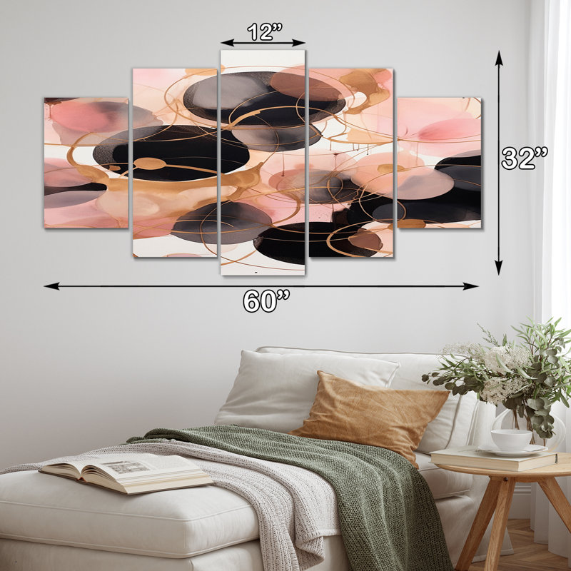 Rêves de cœur aquarelle rétro or rose - art mural moderne sur toile géométrique - 5 panneaux