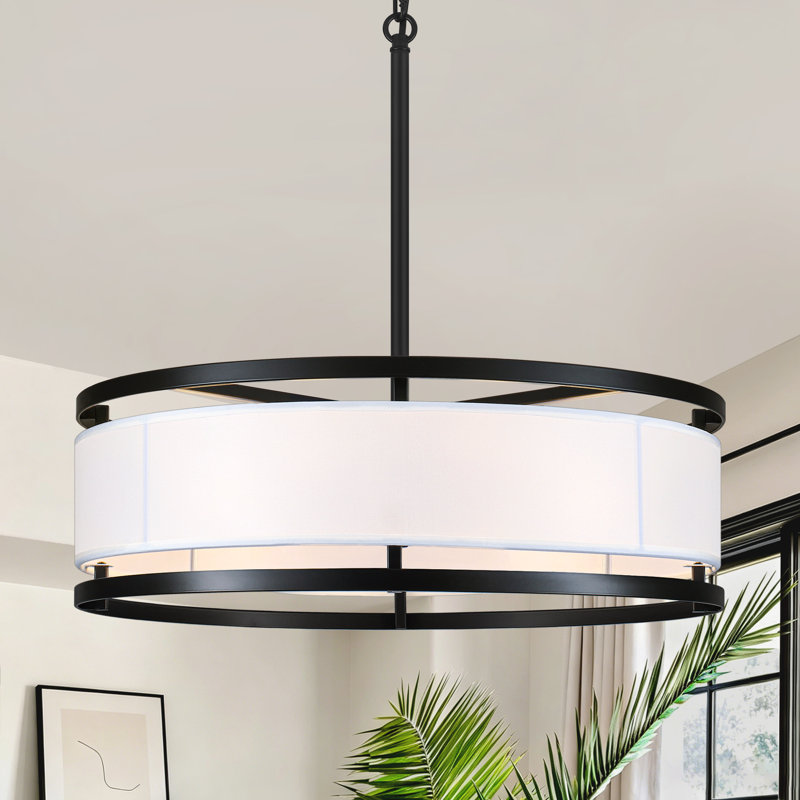Lustre tambour 6 lumières moderne en tissu noir mat à intensité variable, luminaire suspendu à hauteur réglable pour îlot de cuisine, salle à manger et salon
