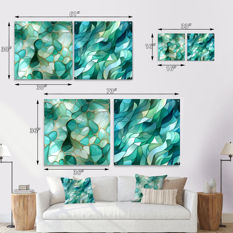 Ensemble de 2 verres de mer et mosaïque émeraude - Ensemble de 2 peintures murales abstraites en acrylique, H 16 po x l 33 po