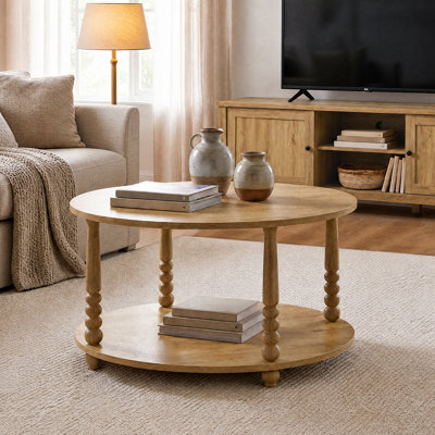 Round Open 2-Tier Shelf Coffee Table With Roman Column Legs