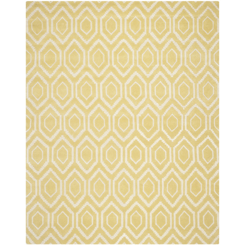 Huguetta Geometric Wool Hand Woven Area Rug, Rectangle 152 x 244 cm, Gold/Ivory