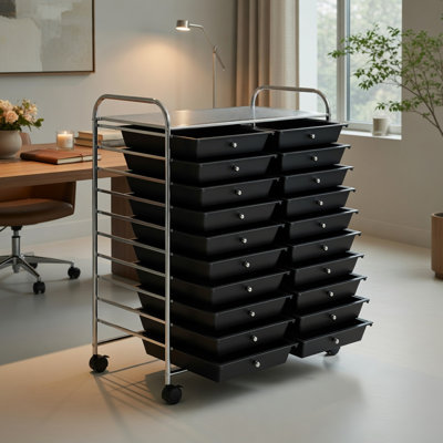  Chariot de rangement roulant à 20 tiroirs avec roues verrouillables, organisateur de studio en acier robuste pour la maison, le bureau et le garage, noir