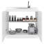 Évier utilitaire blanc moderne avec robinet intégré et comptoir en acier inoxydable, armoire autoportante pour la cuisine domestique, nombreuses tablettes de rangement en métal, poignées en métal pour le comptoir, deux tablettes intérieures