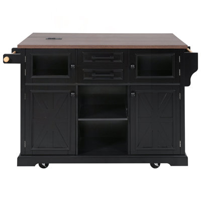 54.9" Kitchen Island with Drop Leaf, Cross Barn Doors, Visual Glass Door & Power Outlet (Black)