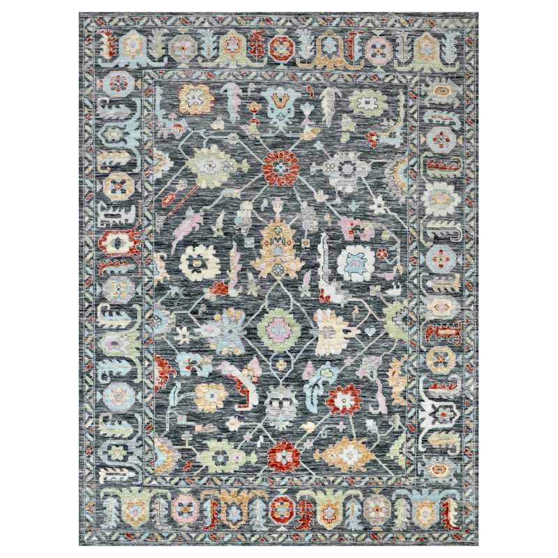 Tapis rectangulaire en laine fabriqué à la main Mahal en gris / gris anthracite / vert clair