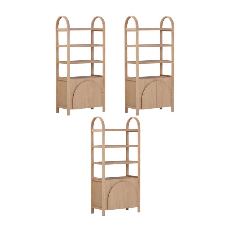 3 Tier Arched Bookshelf With Cabinet Base And Solid Wood Frame (3-Piece Set), Raw Oak