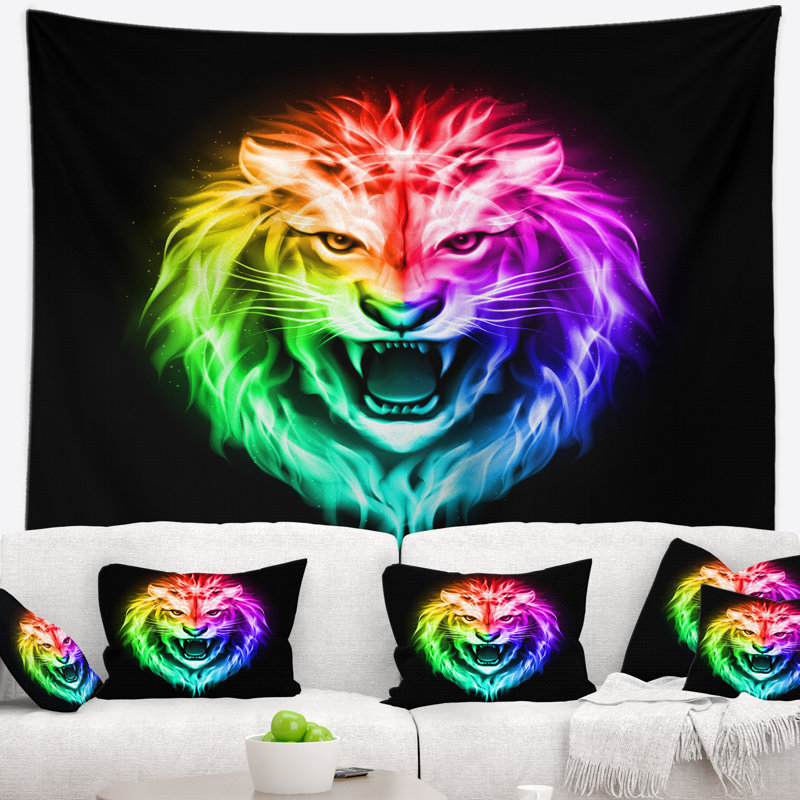 Tapisserie colorée de lion de feu Animal, H 32 po x l 39 po