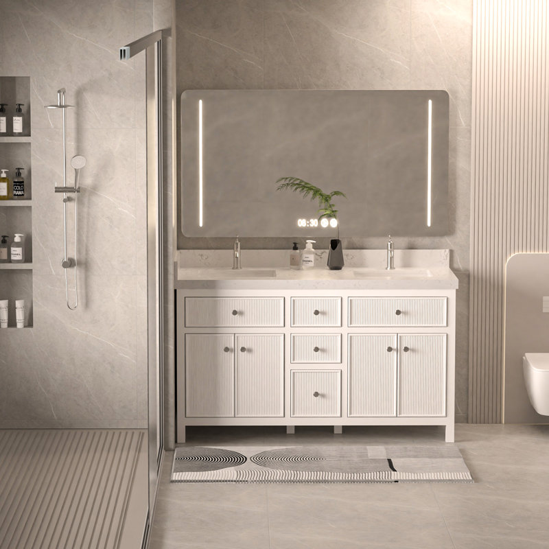 Ensemble de meuble-lavabo double 60 po avec armoire en bois blanc Lunavia, 60" W