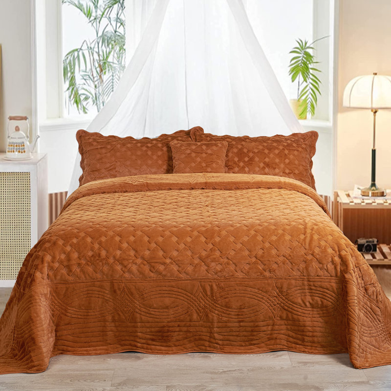 4 Piece Tatami Quilted Faux Fur Set, Queen Coverlet + 3 Additional Pieces, Burnt Orange