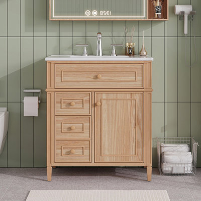 Bathroom Vanity with Sink, Wood Vanity Cabinet with Flip-Out Drawer, Soft-Close Features, and Elegant Wood Handles