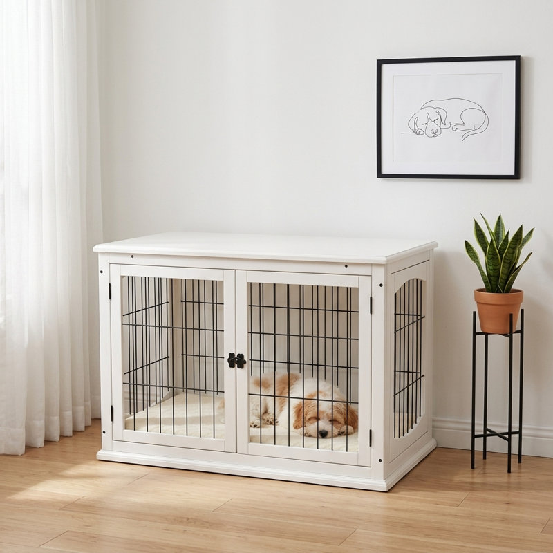Meuble pour cage de chien, petite cage de 81 cm avec table d'appoint, 2 portes, porte verrouillable, niche d'intérieur pour chiot, blanc