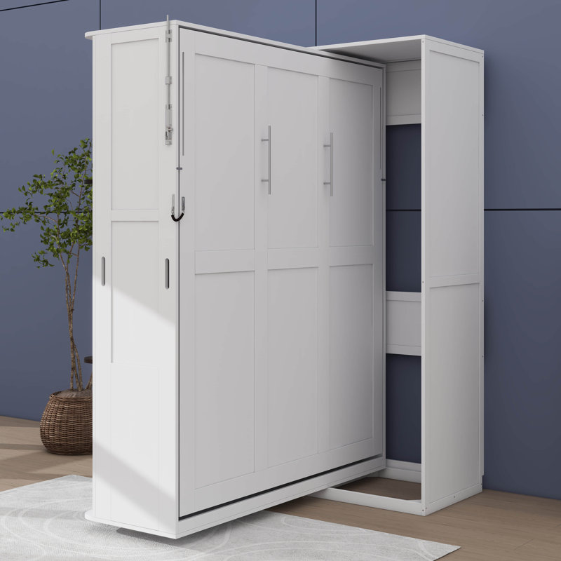 Grand lit escamotable rotatif et peu encombrant avec sections de rangement dissimulées, Blanc