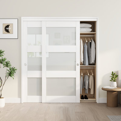 72" x 80" White Frosted Glasses Pantry Closet Sliding Doors With Hardware & Handles