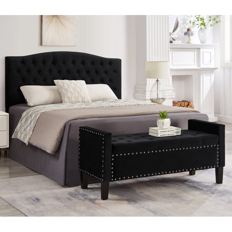Upholstered Tufted Button Storage Bench With Nails Trim, Black