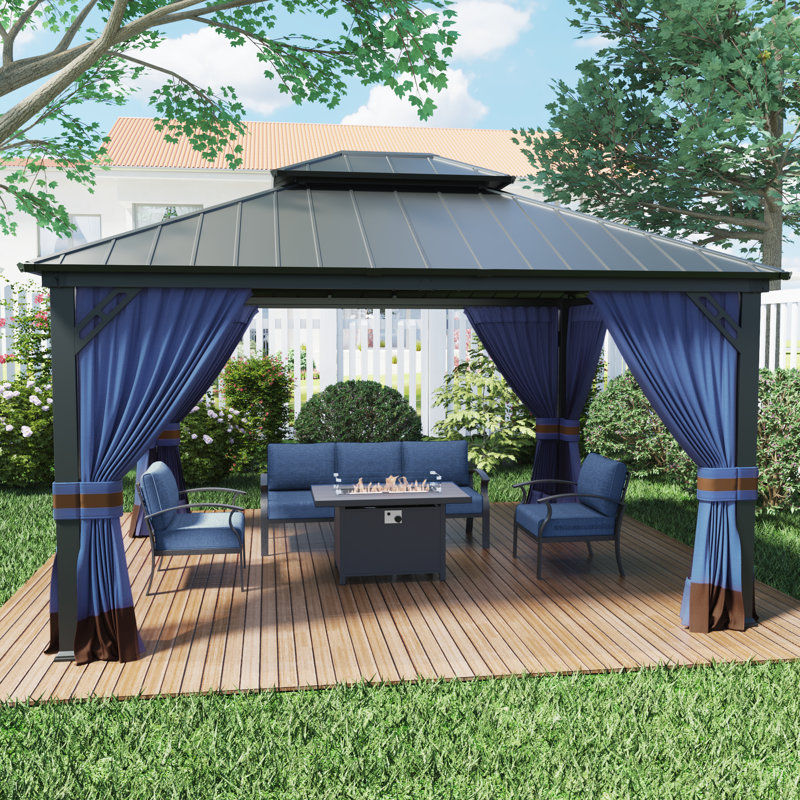 Ensemble de conversation d'extérieur en aluminium pour patio 4 pièces avec abri de jardin 12 x 14 pi et table de foyer LP