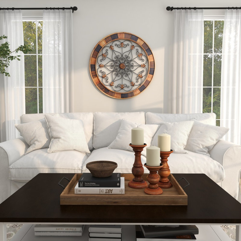 Wood Medallion Scroll Brown Wall Decor with Metal Fleur-De-Lis Detail