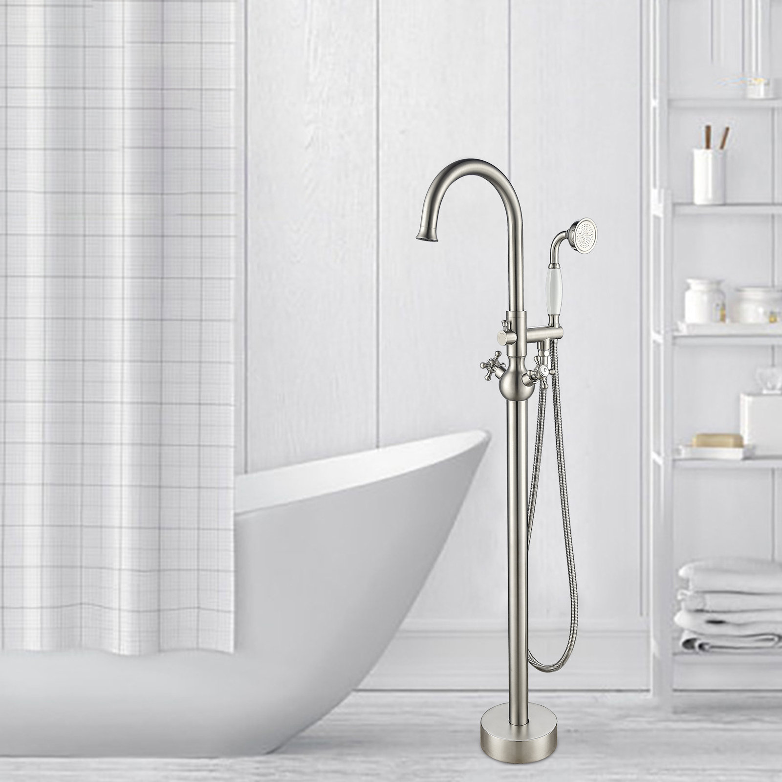 Loeb Freestanding Tub Filler with Diverter, Brushed Nickel