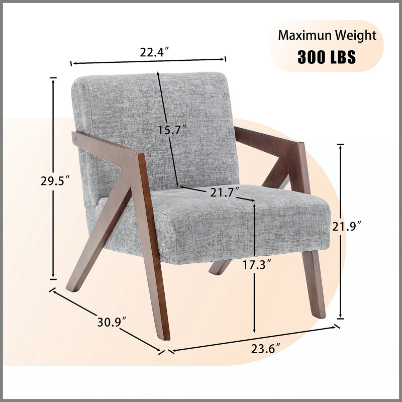Fauteuil d'appoint Mid-Century moderne avec structure en bois, fauteuil de lecture rembourré avec tissu en lin doux, fauteuil d'appoint pour le salon, la chambre à coucher, facile à assembler