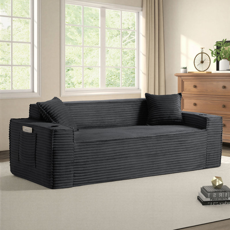 Boneless 80" Loveseat Sofa with Deep Seat – Spacious Corduroy Compression Cloud Couch for Bedroom, Dorm, Apartment, Dark Gray