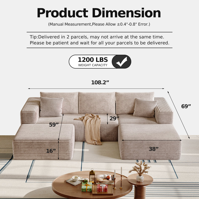 Boneless 108” U Shaped Boneless Sectional Cloud Sofa Couches For Living Room, Upholstered Deep Seat Sectional Sofa With 2 Ottoman, Comfort Modular Sectional Sofa Couches For Living Room Bedroom(Black)