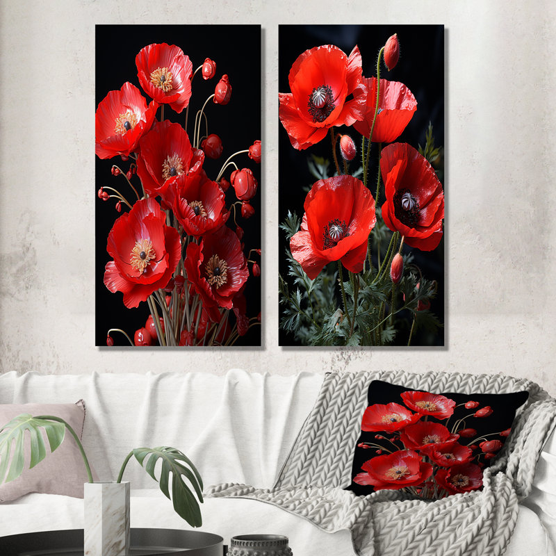 Cascading Reds Dynamic Poppy Scene I - Poppies Canvas Art Print Set Of 2, Wrapped Canvas, 28" H x 25" W