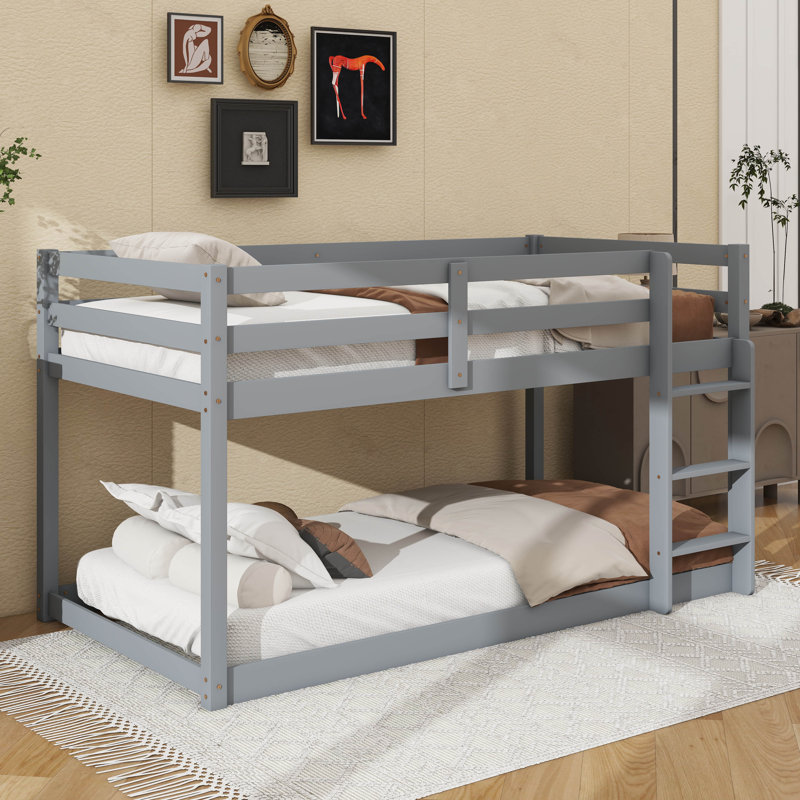 Twin Size Stackable Floor Bunk Bed With Convenient Ladder, Gray