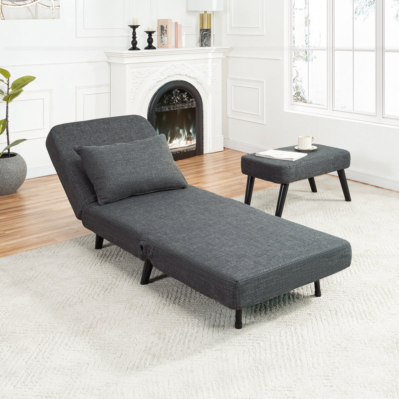 Chaise longue pliable en lin avec dossier réglable et repose-pieds amovible, Gris