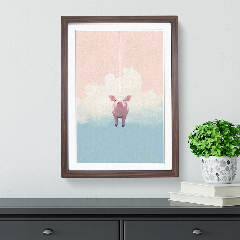 XYZ-FRM-V1223-5139 Pig Minimalism - Single Picture Frame Print on Wood, 64cm H x 46cm W x 2cm D, Walnut