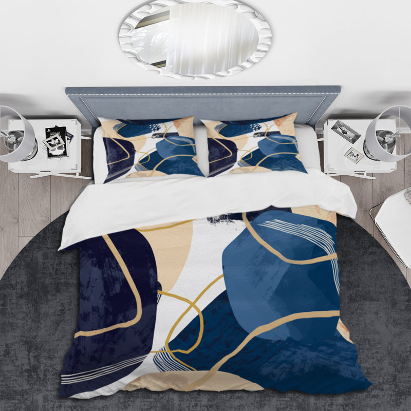 Minimalistic Blue & Earth Tone Shapes II - Modern Duvet Cover Set, Queen Duvet Cover + 2 Standard Shams
