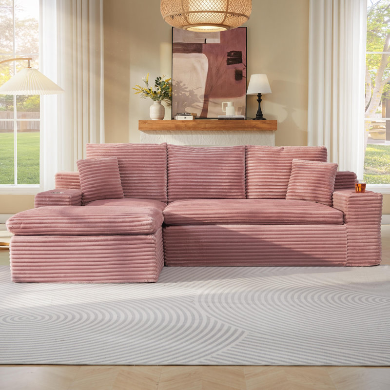 Canapé modulaire rembourré en mousse à compression 98,4 po avec méridienne et poche latérale, Rose