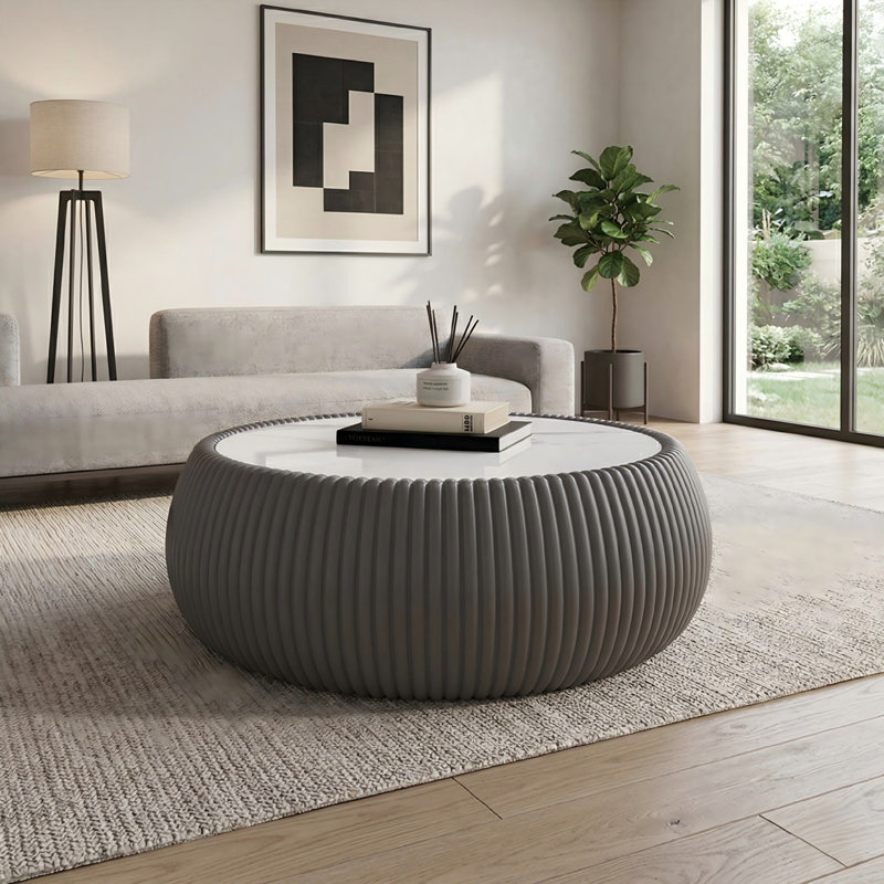 Table basse ronde moderne en cuir de polyuréthane fritté avec dessus en pierre de polyuréthane pour le salon, Gris