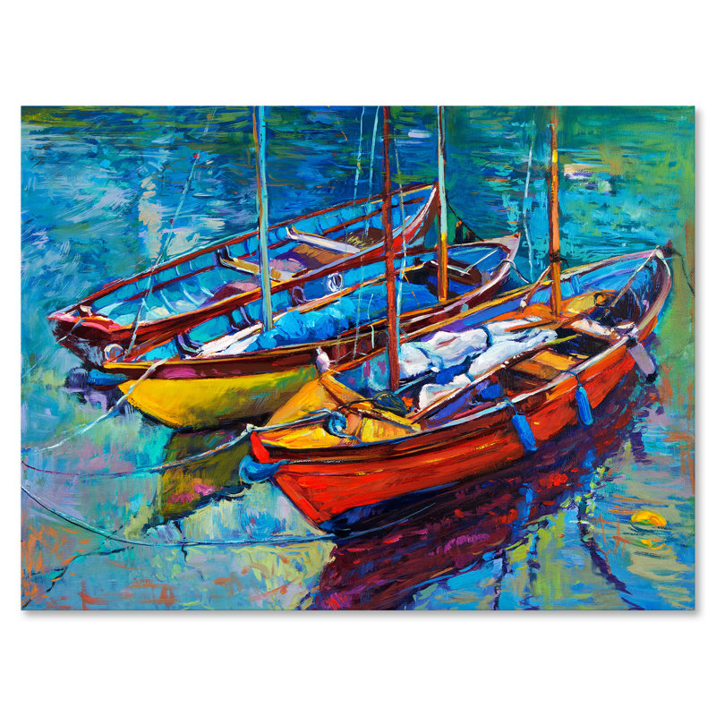Trois bateaux dans le port - Peinture sur toile, H 24 po x l 32 po x P 1 po, Toile tendue