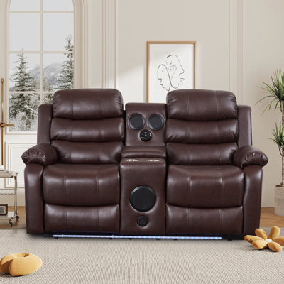 Canapé de cinéma maison inclinable en similicuir 68,89 po avec éclairage DEL, haut-parleurs intégrés et console de rangement