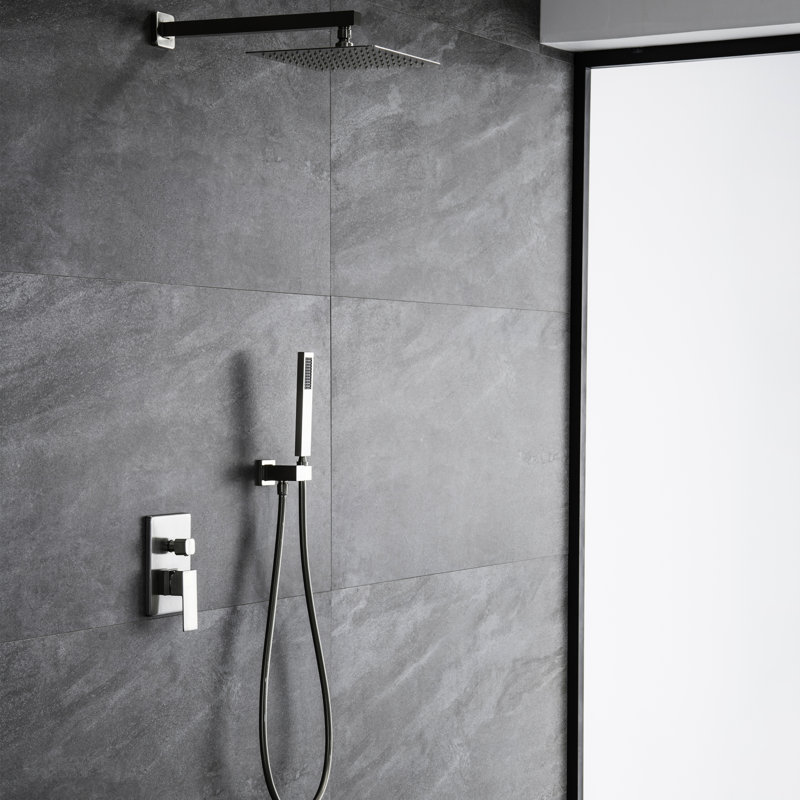 Système de douche avec pomme de douche surdimensionnée de 10 po, douche à main carrée, nickel brossé, balance, 2 têtes, laiton massif, valve d'équilibrage murale en noir mat et nickel, laiton
