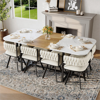 8-Person Square Dining Set with Fixed White Faux Marble Wood Grain Tabletop and Beige Velvet Chairs