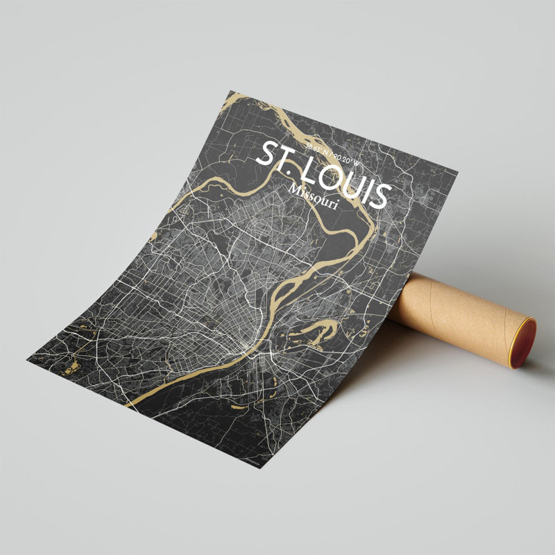 St. Louis City Map, impression, H 20 po x l 16 po, Noir et or