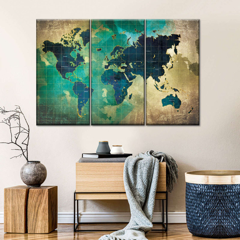 «World Map Aged World Map XXXVII», reproduction sur toile 3 pièces par Tess P, H 20 po x l 33 po x P 1,25 po
