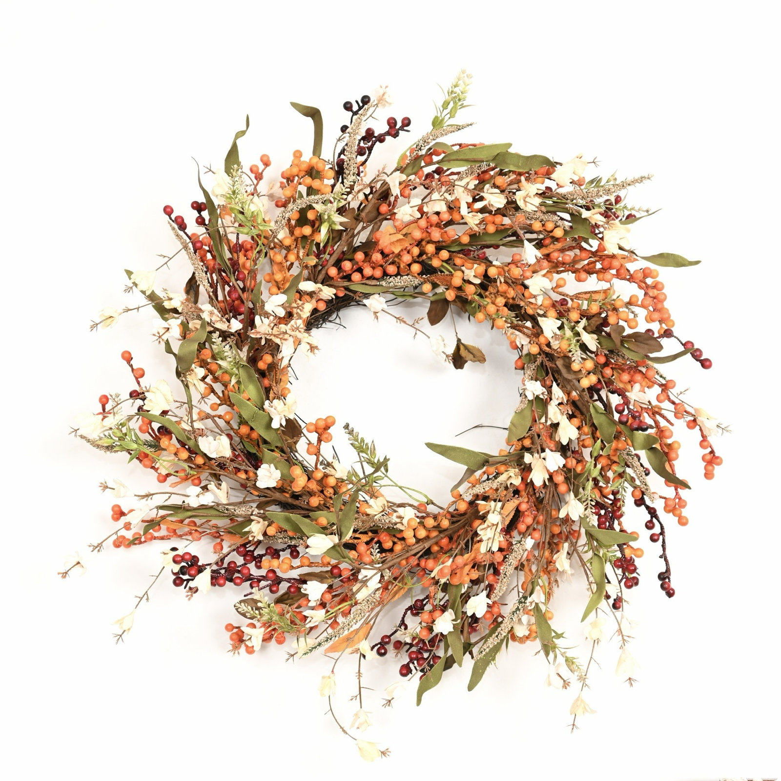 24" Artificial Farmhouse Twig Berry Wildflower Fall Front Door Wreath Thanksgiving Decor