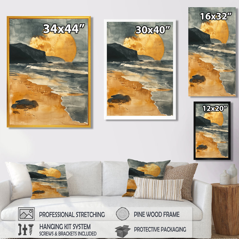 Golden Coastal Beach Sunset - reproduction d'art mural plage, Toile tendue, H 44 po x l 34 po