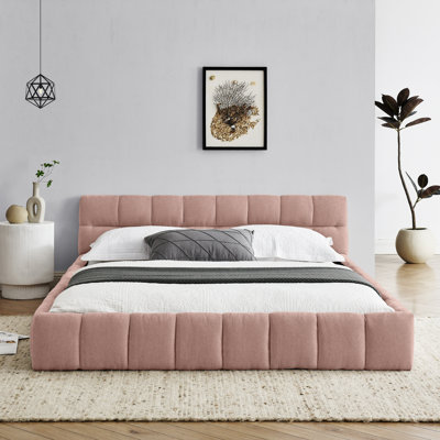Queen Size Upholstered Bed Frame, Thick Chenille Fabric, Platform, Headboard, Pink