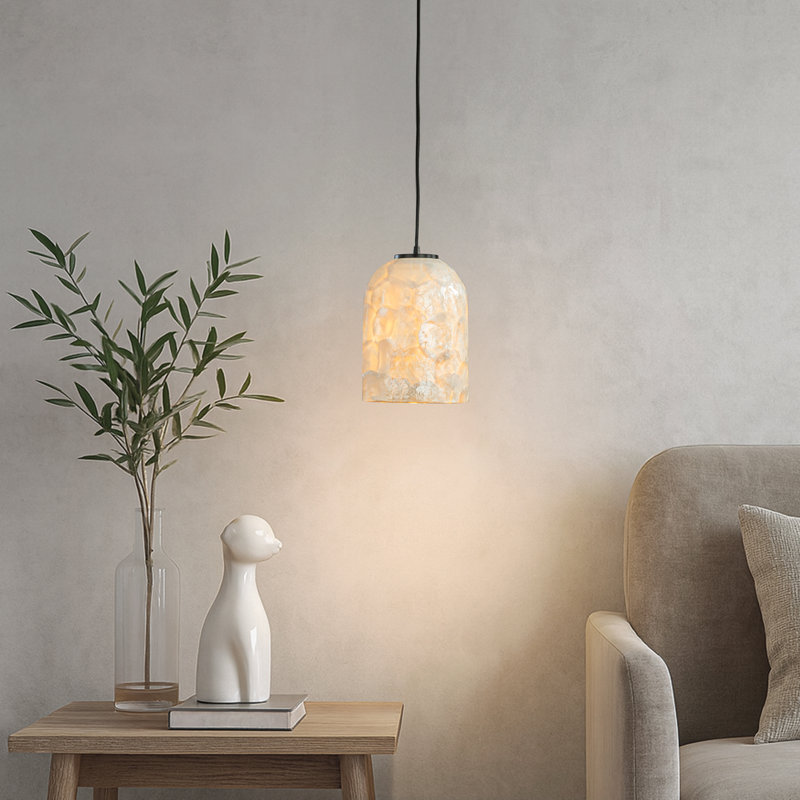 1-light 7'' Modern Farmhouse Natural Capiz Seashell Single Pendant Light Coastal Cylinder Hanging Light For Kitchen And Dining Room				