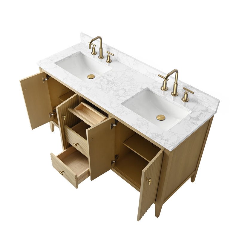 Ensemble de meuble-lavabo double 60 po, Doré brossé, Chêne naturel linéaire