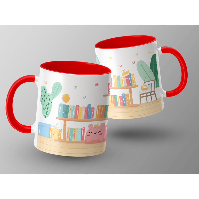 Kids Drawing Style 11oz Accent Mugs – Ceramic Coffee Cup with a Red Handle and Interior