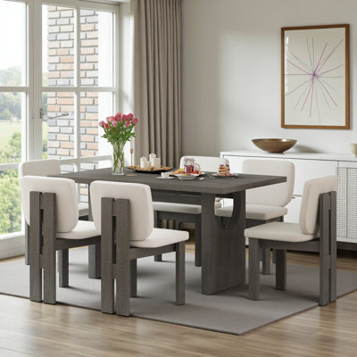 6-Person Dining Set, Rectangular Gathering Table, Wood, Upholstered Seating, Modern Farmhouse, Dining Room
