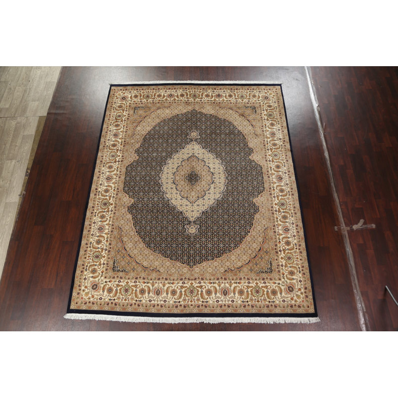 Tapis noir noué à la main de conception unique 8 pi 1 po x 10 pi 3 po Tabriz Mahi