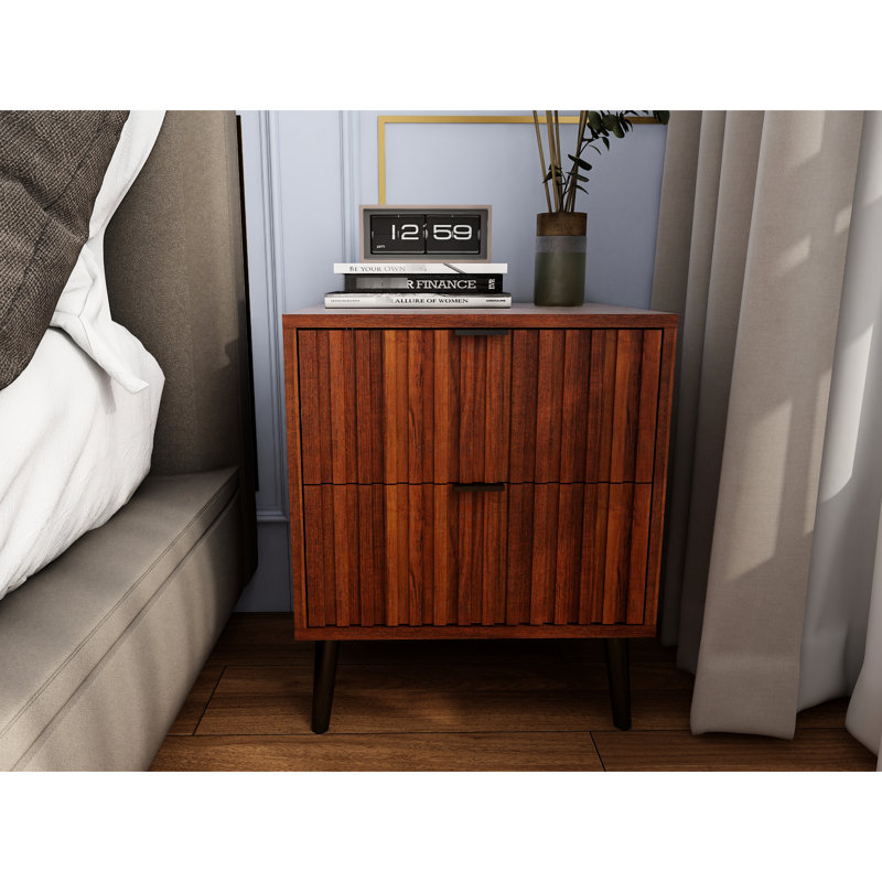 Armoire de chevet moderne à 2 tiroirs avec tiroirs faciles d'accès, bois d'ingénierie, grande table de chevet avec rangement pour la chambre à coucher, brun café, indispensable