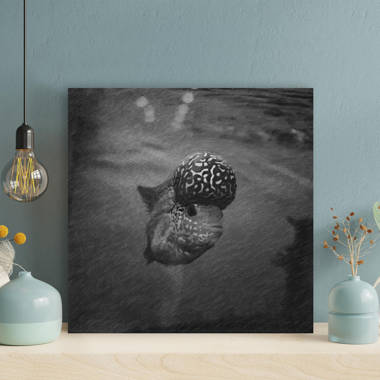 Grayscale Photo of Fish in Water - Wrapped Canvas Painting Rosecliff Heights Size: 16 H x 16 W