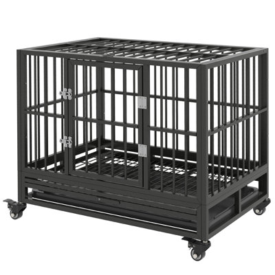 Heavy Duty Metal Dog Crate Kennel, Double Door Cage With Lockable Wheels And Removable Tray, Gray